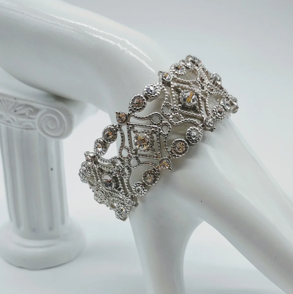 Vintage Rhinestone Silver Tone Metal Filigree Stretch Bracelet - Picture 5 of 7